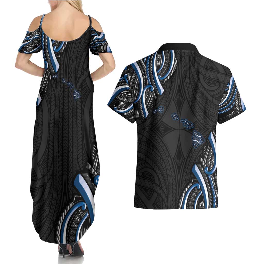 Traditional Art Hawaiian Kakau Tattoos Couples Matching Summer Maxi Dress and Hawaiian Shirt Blue Color - Polynesian Pride