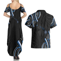 Traditional Art Hawaiian Kakau Tattoos Couples Matching Summer Maxi Dress and Hawaiian Shirt Blue Color - Polynesian Pride