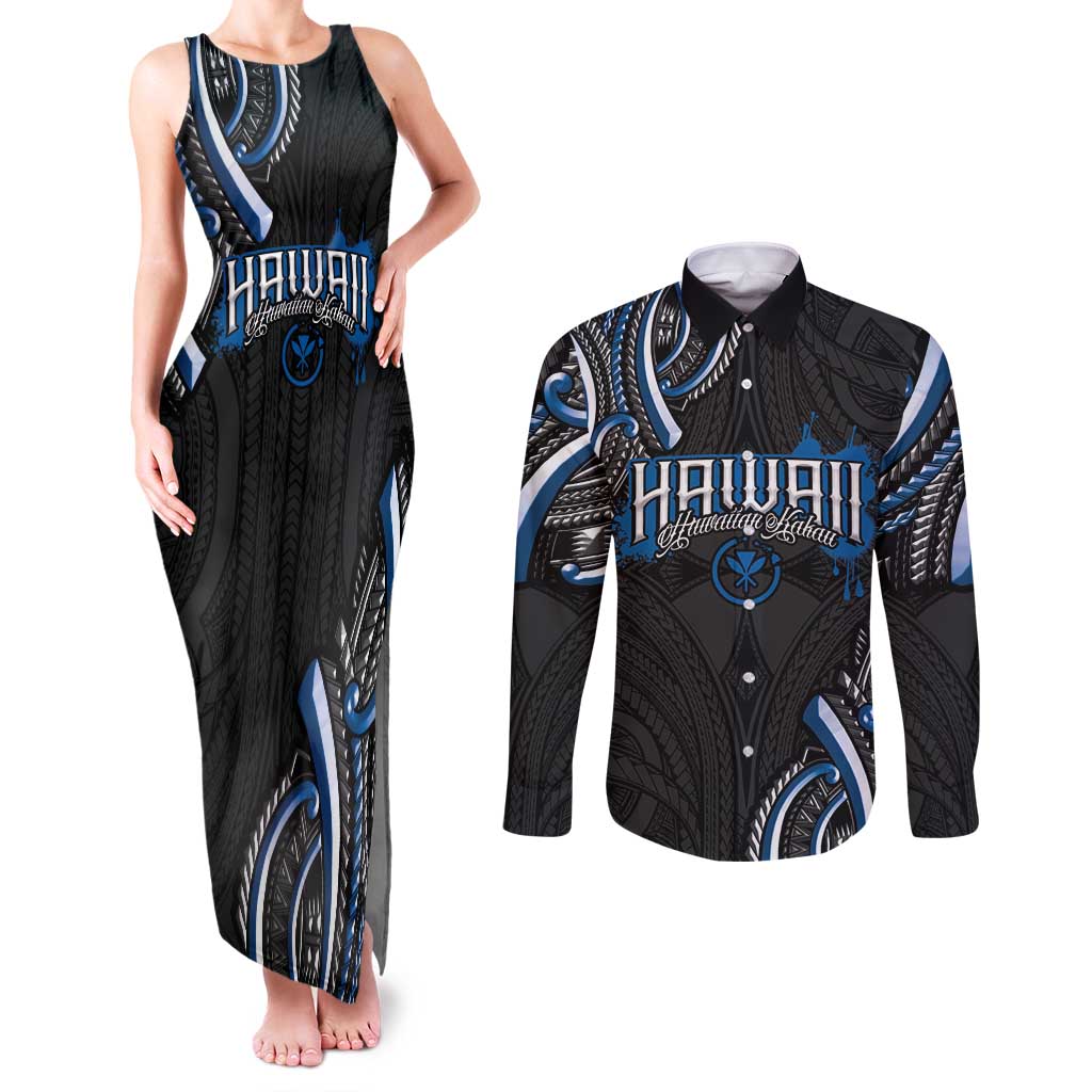 Traditional Art Hawaiian Kakau Tattoos Couples Matching Tank Maxi Dress and Long Sleeve Button Shirt Blue Color - Polynesian Pride
