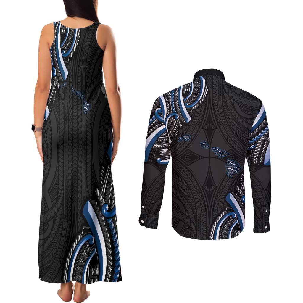 Traditional Art Hawaiian Kakau Tattoos Couples Matching Tank Maxi Dress and Long Sleeve Button Shirt Blue Color - Polynesian Pride