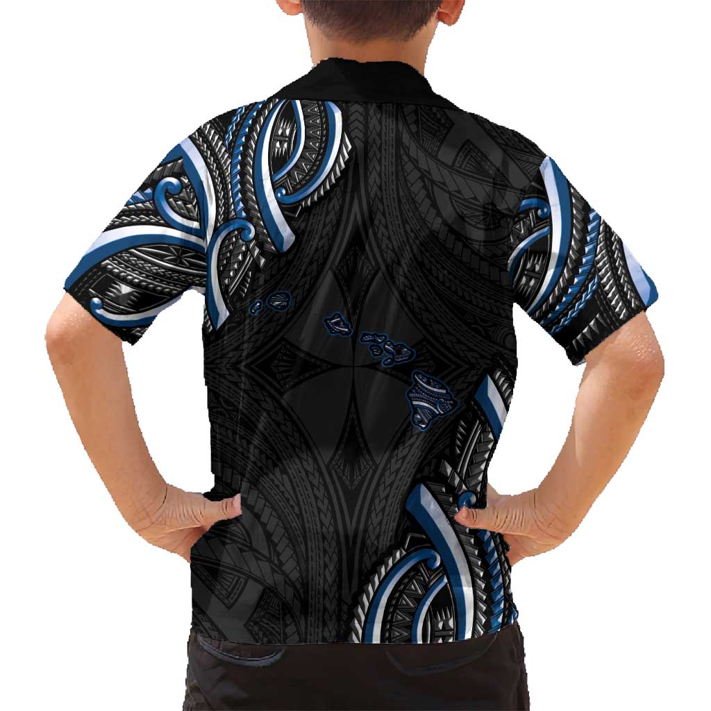 Traditional Art Hawaiian Kakau Tattoos Family Matching Long Sleeve Bodycon Dress and Hawaiian Shirt Blue Color - Polynesian Pride