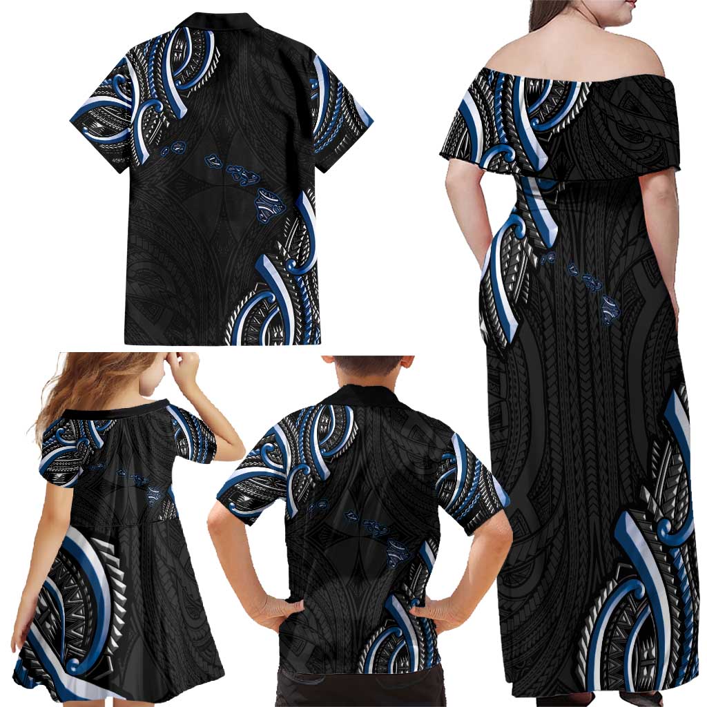 Traditional Art Hawaiian Kakau Tattoos Family Matching Off Shoulder Maxi Dress and Hawaiian Shirt Blue Color - Polynesian Pride