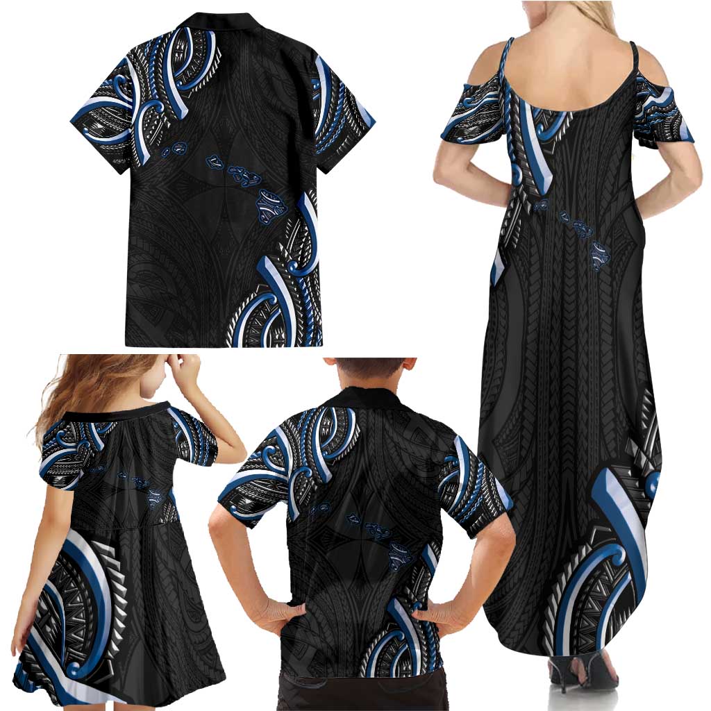 Traditional Art Hawaiian Kakau Tattoos Family Matching Summer Maxi Dress and Hawaiian Shirt Blue Color - Polynesian Pride