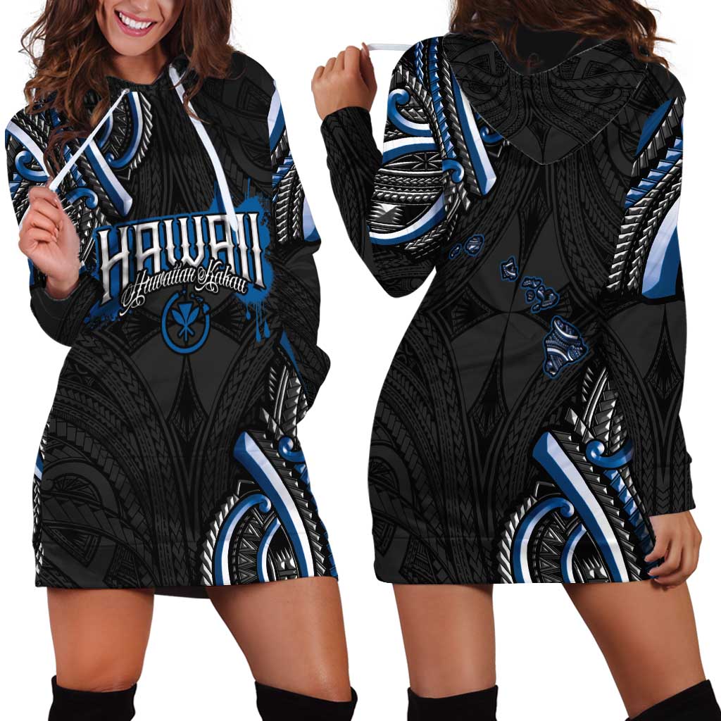Traditional Art Hawaiian Kakau Tattoos Hoodie Dress Blue Color - Polynesian Pride