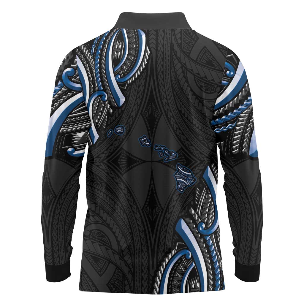 Traditional Art Hawaiian Kakau Tattoos Long Sleeve Polo Shirt Blue Color - Polynesian Pride