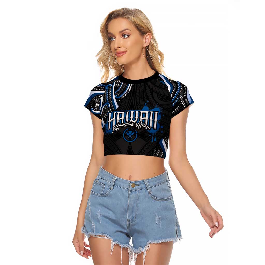 Traditional Art Hawaiian Kakau Tattoos Raglan Cropped T Shirt Blue Color - Polynesian Pride