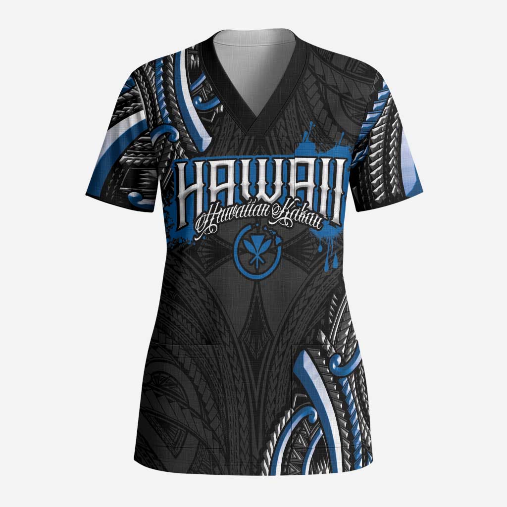 Traditional Art Hawaiian Kakau Tattoos Scrub Top Blue Color - Polynesian Pride