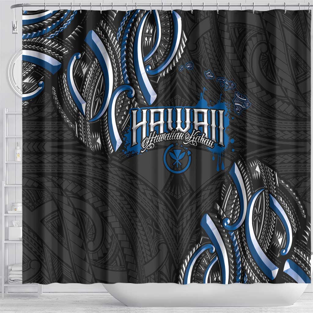 Traditional Art Hawaiian Kakau Tattoos Shower Curtain Blue Color - Polynesian Pride
