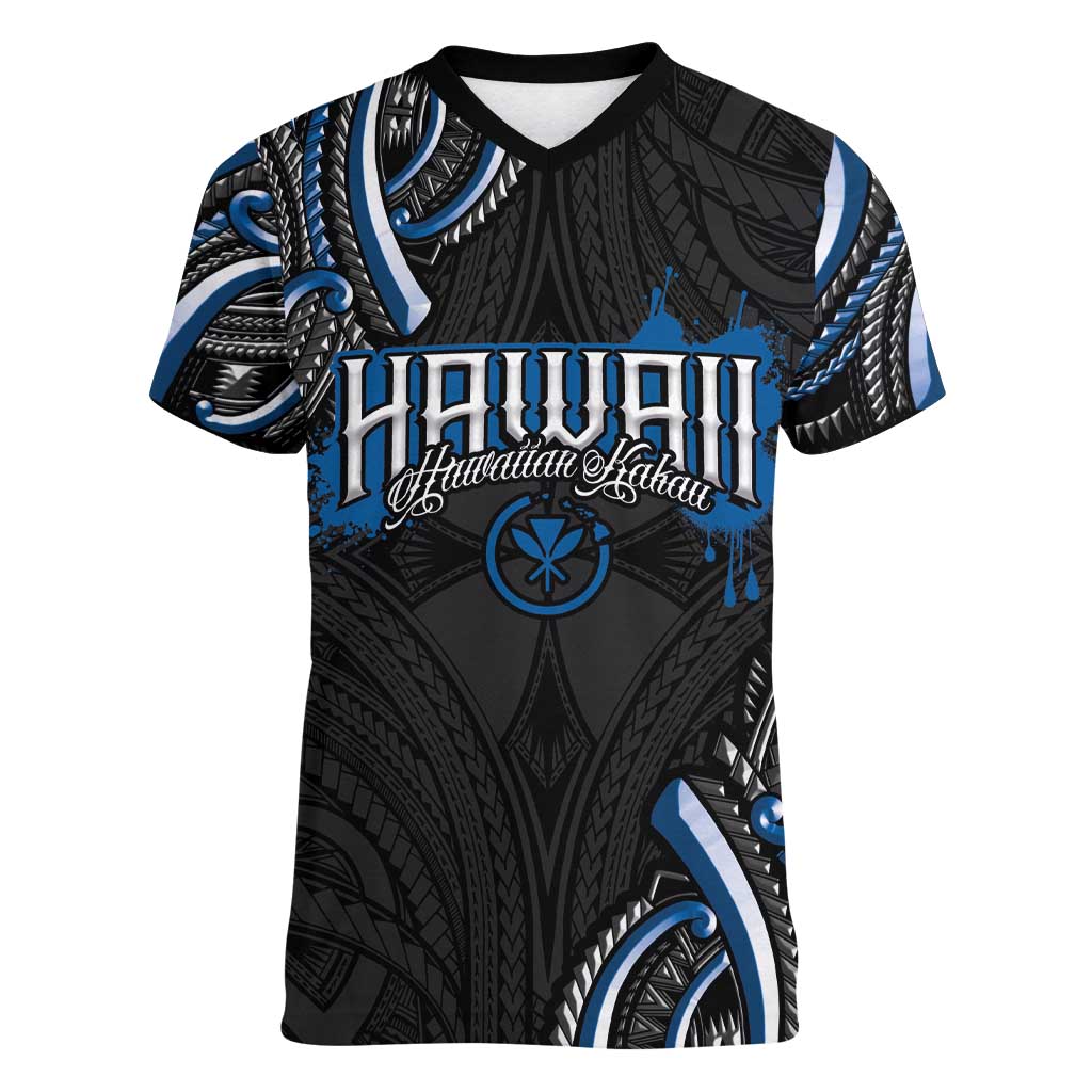 Traditional Art Hawaiian Kakau Tattoos Women V-Neck T-Shirt Blue Color - Polynesian Pride