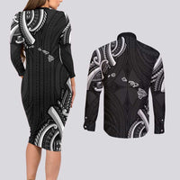Traditional Art Hawaiian Kakau Tattoos Couples Matching Long Sleeve Bodycon Dress and Long Sleeve Button Shirt White - Polynesian Pride