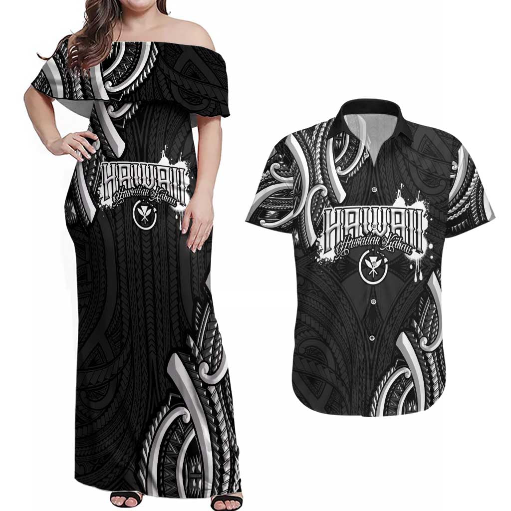 Traditional Art Hawaiian Kakau Tattoos Couples Matching Off Shoulder Maxi Dress and Hawaiian Shirt White - Polynesian Pride