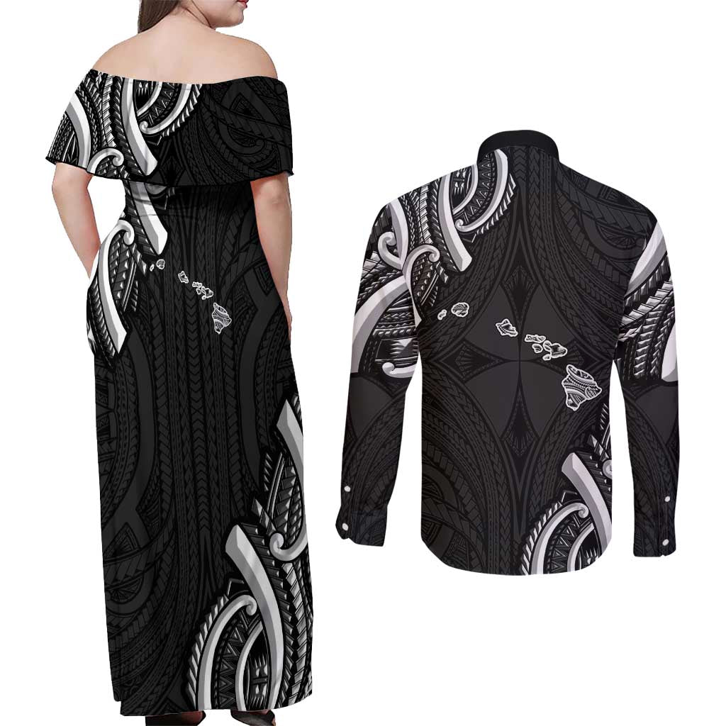 Traditional Art Hawaiian Kakau Tattoos Couples Matching Off Shoulder Maxi Dress and Long Sleeve Button Shirt White - Polynesian Pride