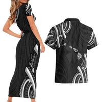 Traditional Art Hawaiian Kakau Tattoos Couples Matching Short Sleeve Bodycon Dress and Hawaiian Shirt White - Polynesian Pride