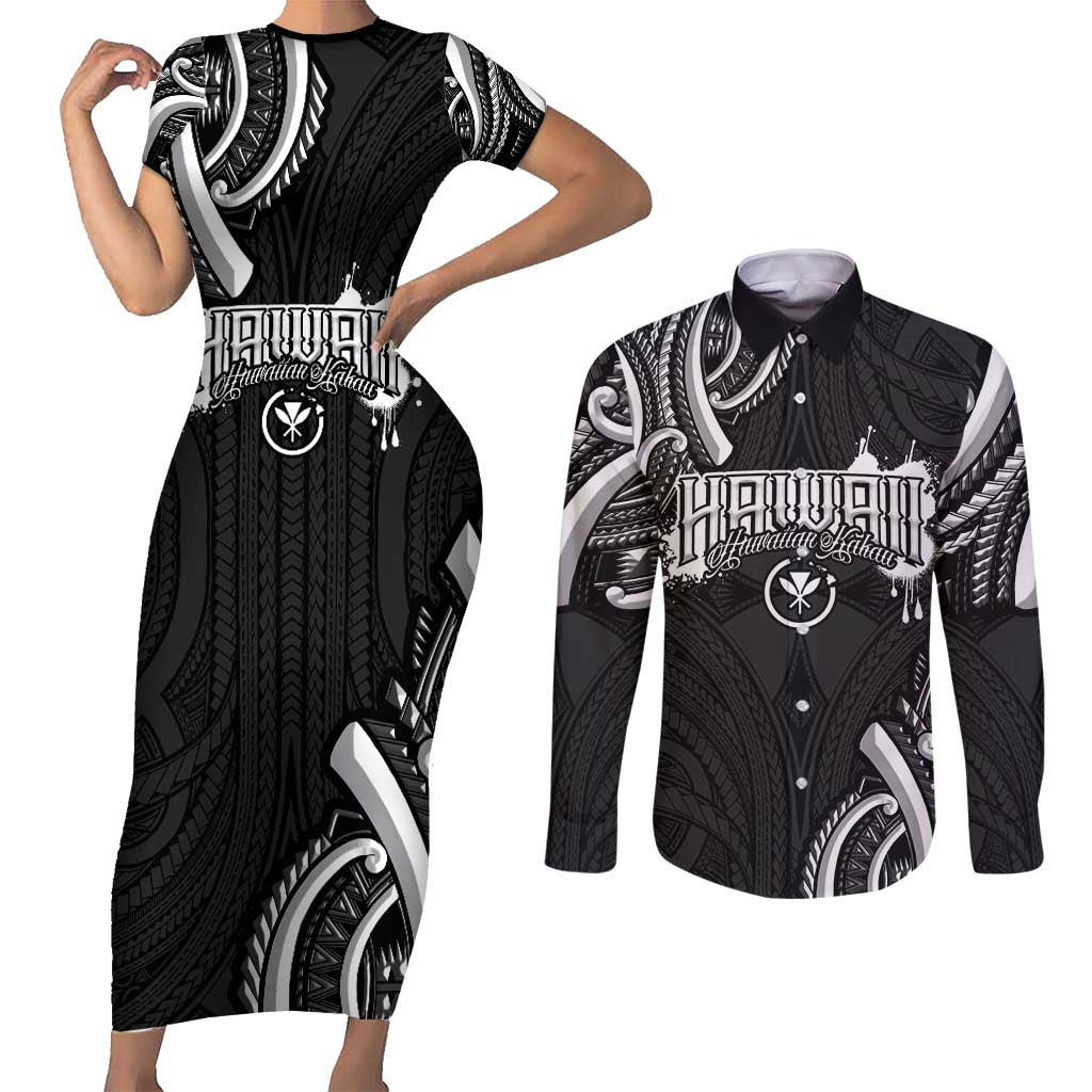 Traditional Art Hawaiian Kakau Tattoos Couples Matching Short Sleeve Bodycon Dress and Long Sleeve Button Shirt White - Polynesian Pride