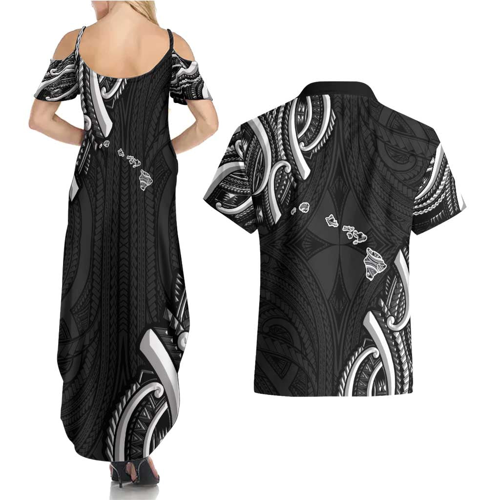 Traditional Art Hawaiian Kakau Tattoos Couples Matching Summer Maxi Dress and Hawaiian Shirt White - Polynesian Pride