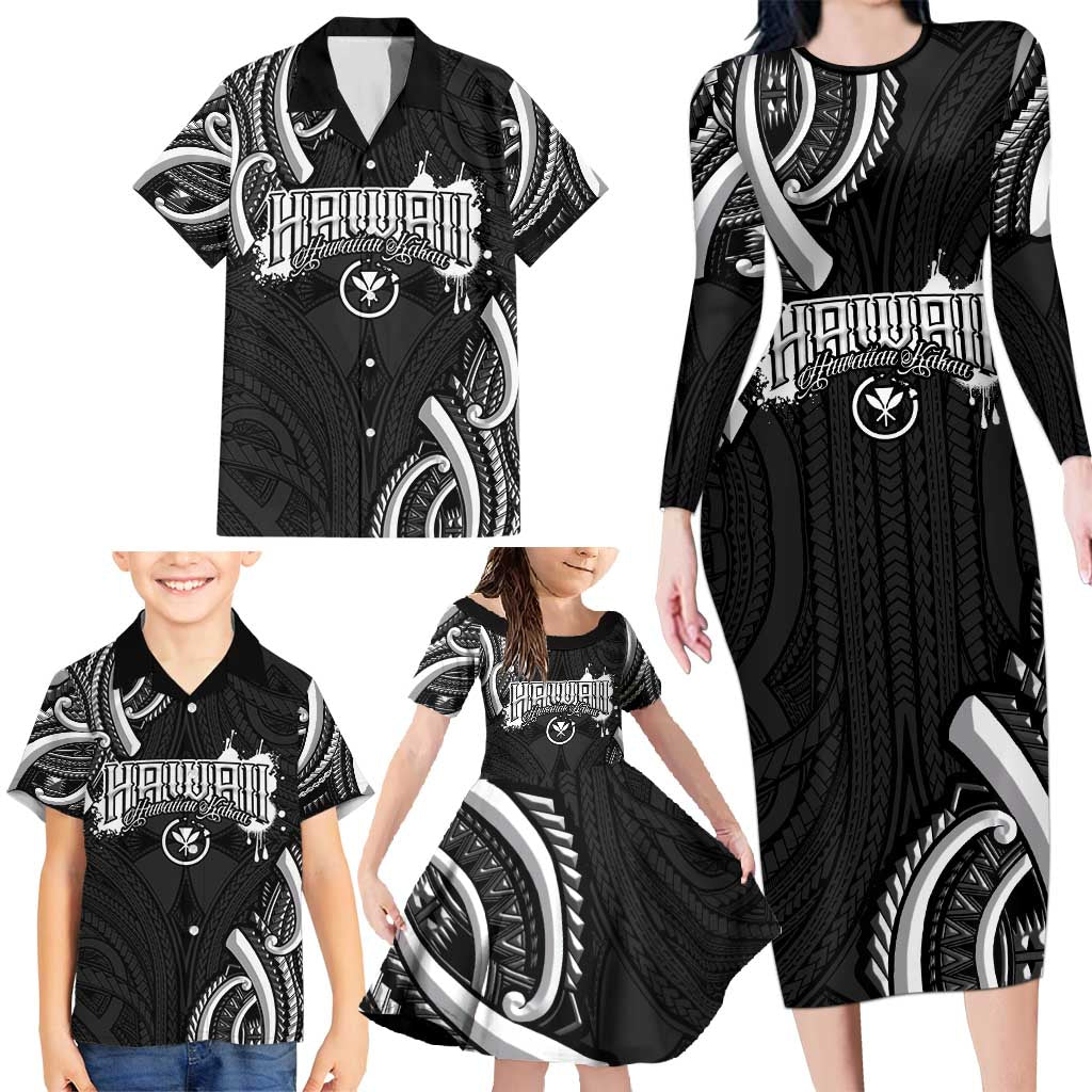 Traditional Art Hawaiian Kakau Tattoos Family Matching Long Sleeve Bodycon Dress and Hawaiian Shirt White - Polynesian Pride