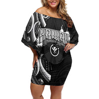 Traditional Art Hawaiian Kakau Tattoos Off Shoulder Short Dress White - Polynesian Pride