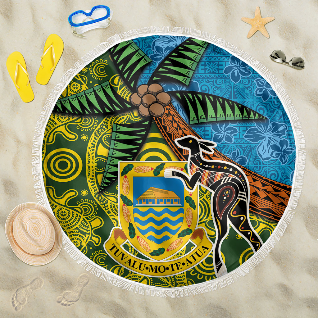 Tuvalu and Australia Together Beach Blanket Tapa Pattern and Aboriginal mix Culture
