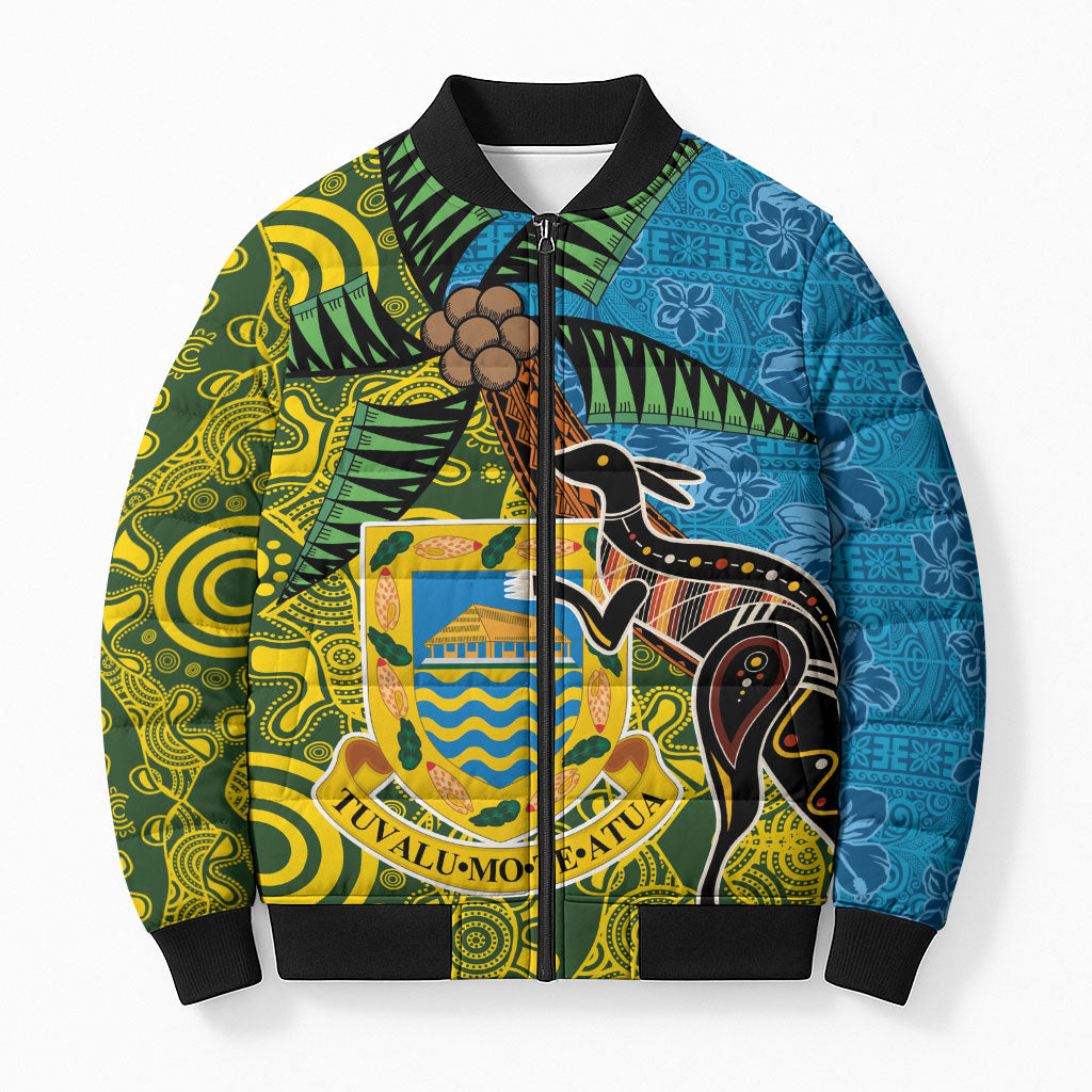 Tuvalu and Australia Together Bomber Puffer Jacket Tapa Pattern and Aboriginal mix Culture