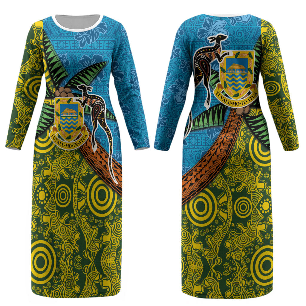 Tuvalu and Australia Together Couples Matching Long Sleeve Bodycon Dress and Long Sleeve Button Shirt Tapa Pattern and Aboriginal mix Culture LT03 - Polynesian Pride