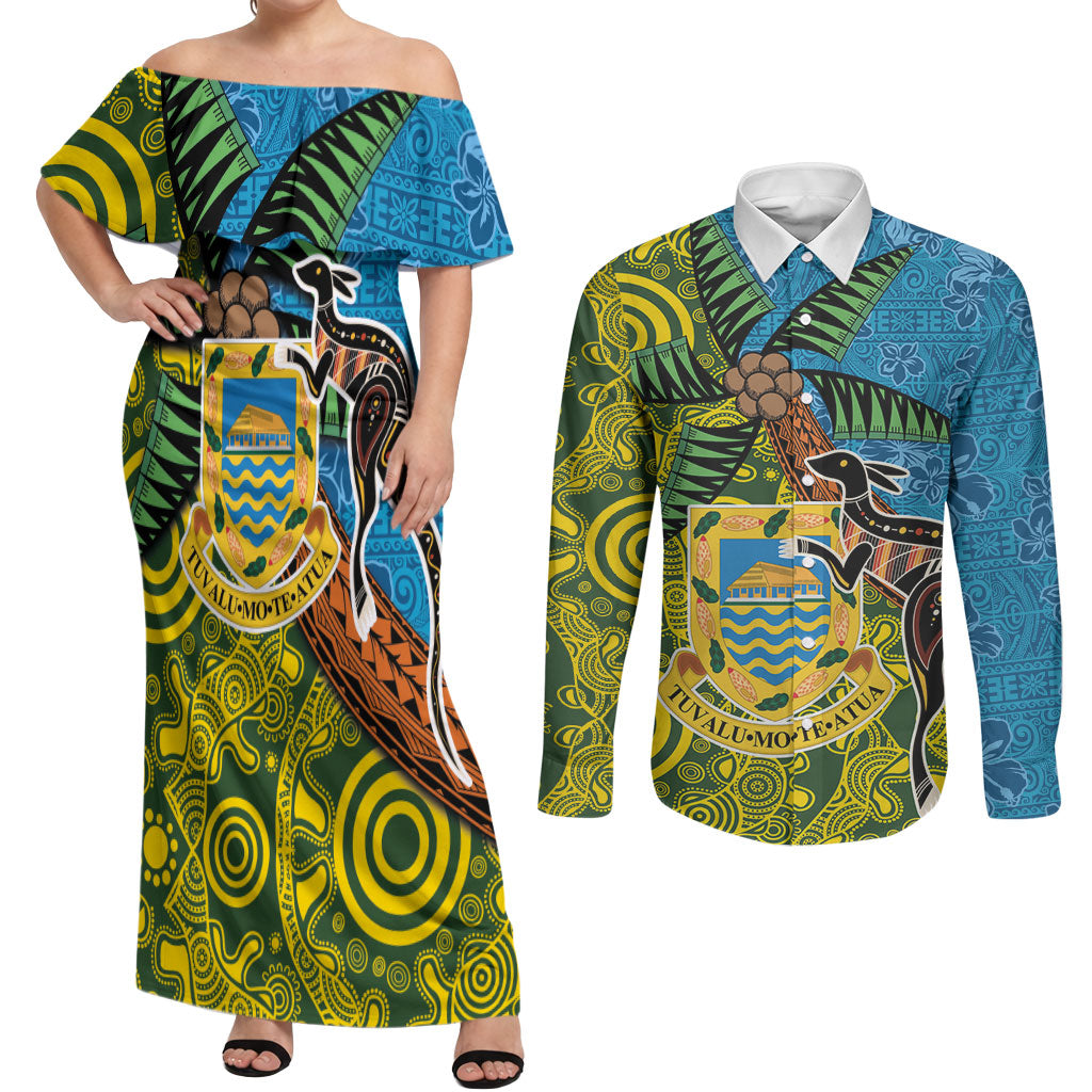 Tuvalu and Australia Together Couples Matching Off Shoulder Maxi Dress and Long Sleeve Button Shirt Tapa Pattern and Aboriginal mix Culture LT03 Multicolor - Polynesian Pride