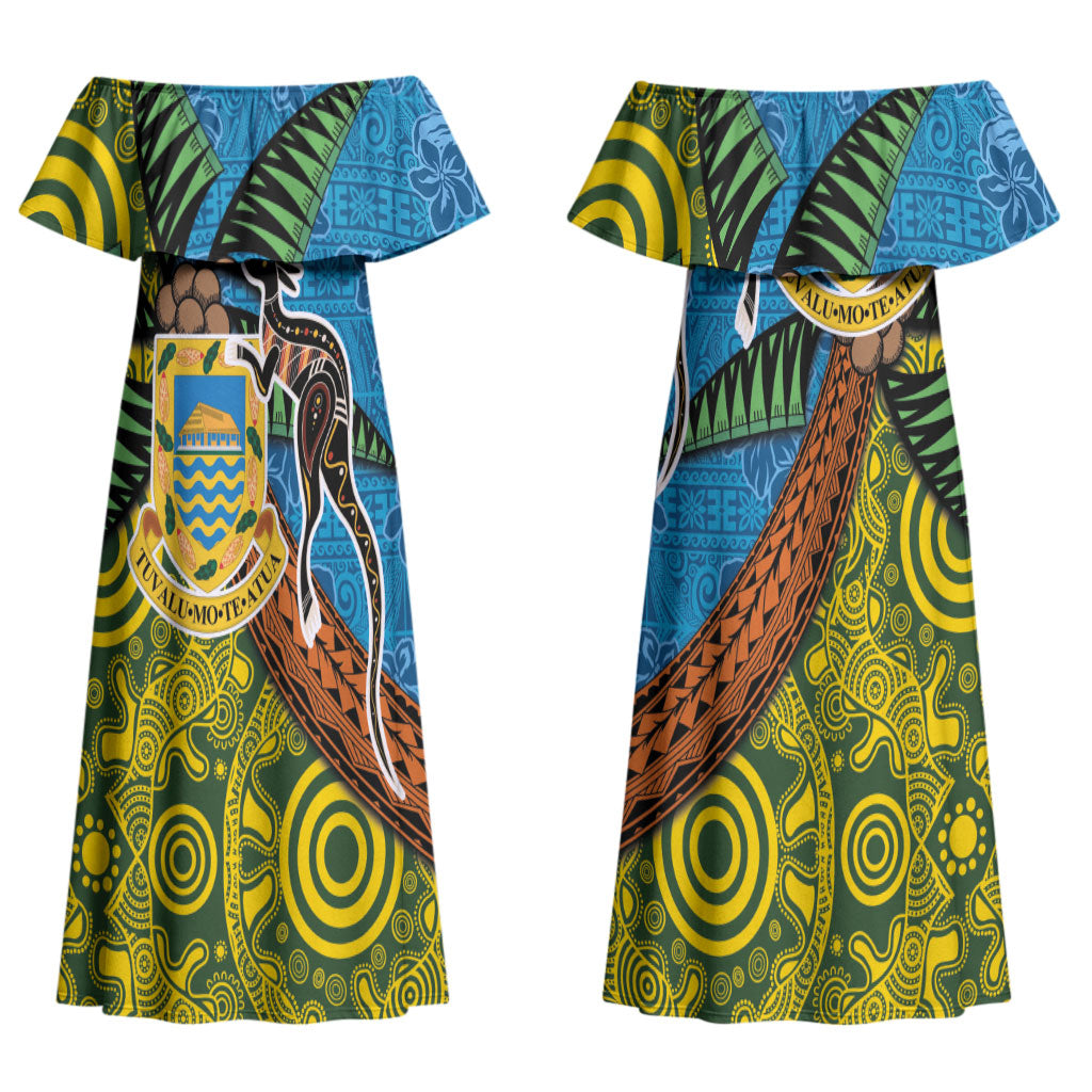 Tuvalu and Australia Together Couples Matching Off Shoulder Maxi Dress and Long Sleeve Button Shirt Tapa Pattern and Aboriginal mix Culture LT03 - Polynesian Pride
