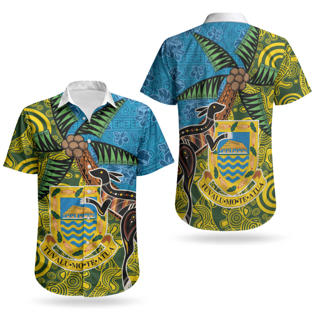Tuvalu and Australia Together Couples Matching Off The Shoulder Long Sleeve Dress and Hawaiian Shirt Tapa Pattern and Aboriginal mix Culture LT03 - Polynesian Pride