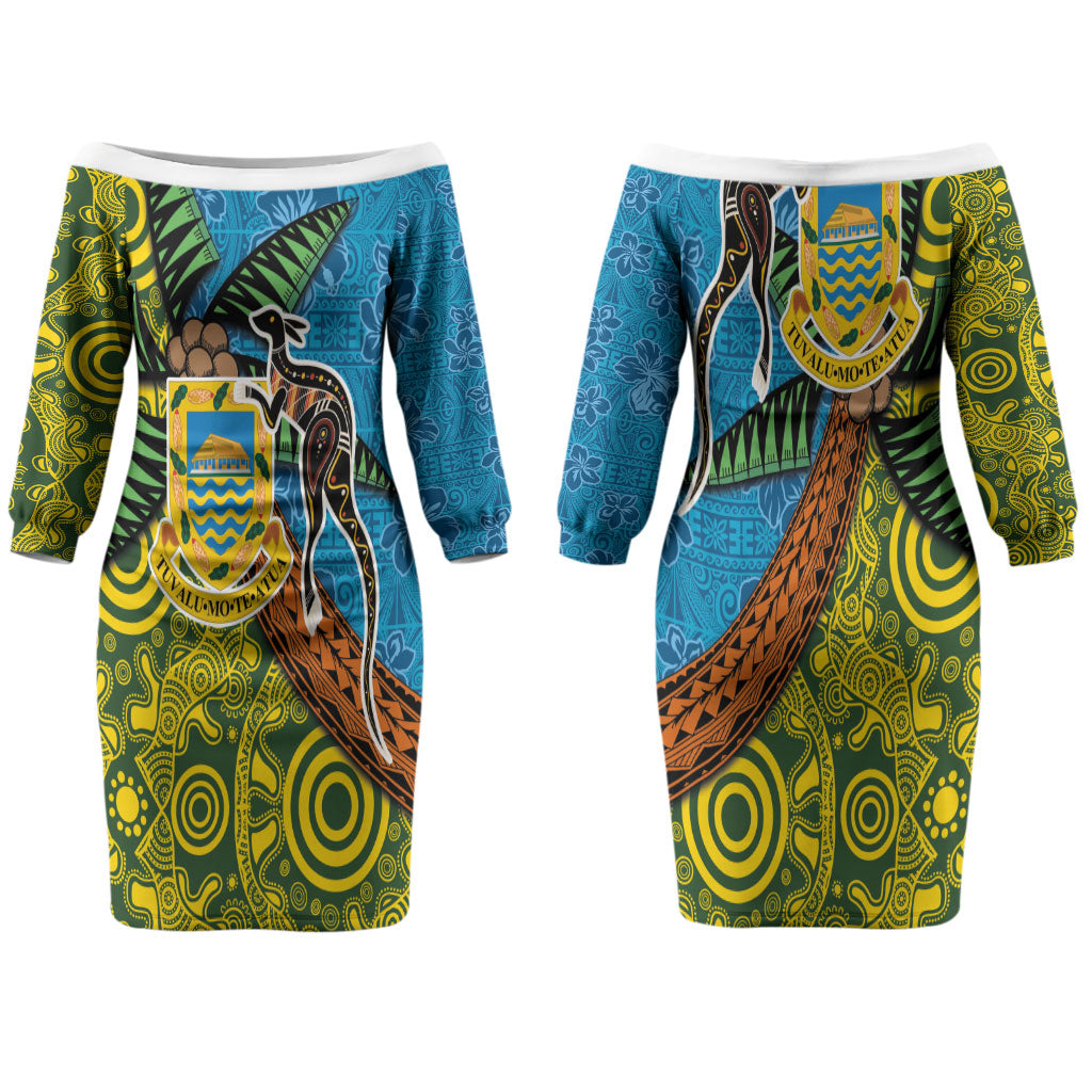 Tuvalu and Australia Together Couples Matching Off The Shoulder Long Sleeve Dress and Hawaiian Shirt Tapa Pattern and Aboriginal mix Culture LT03 - Polynesian Pride