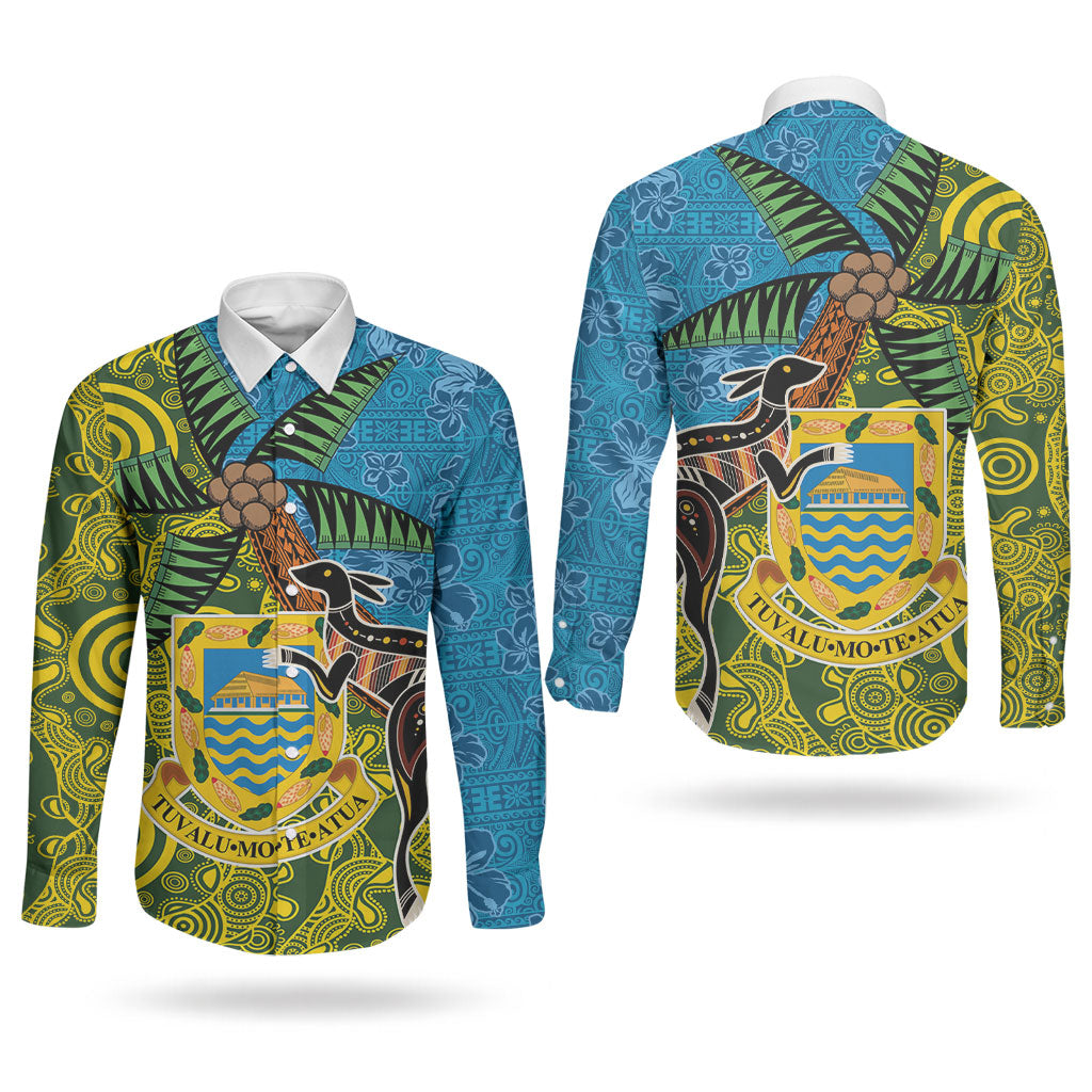 Tuvalu and Australia Together Couples Matching Off The Shoulder Long Sleeve Dress and Long Sleeve Button Shirt Tapa Pattern and Aboriginal mix Culture LT03 - Polynesian Pride