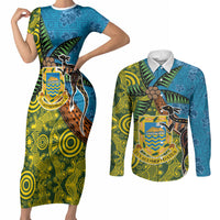 Tuvalu and Australia Together Couples Matching Short Sleeve Bodycon Dress and Long Sleeve Button Shirt Tapa Pattern and Aboriginal mix Culture LT03 Multicolor - Polynesian Pride