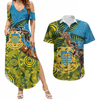 Tuvalu and Australia Together Couples Matching Summer Maxi Dress and Hawaiian Shirt Tapa Pattern and Aboriginal mix Culture LT03 Multicolor - Polynesian Pride