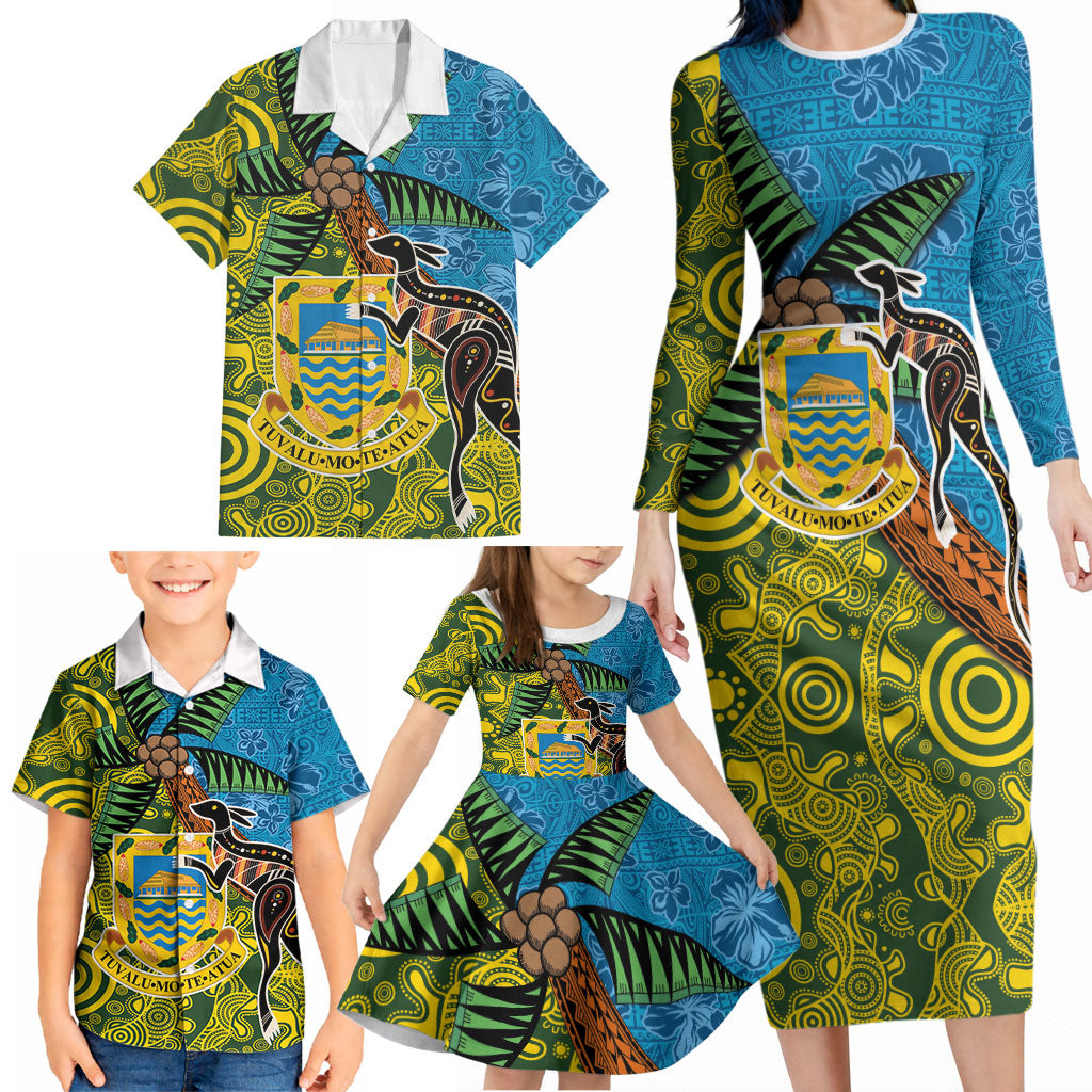 Tuvalu and Australia Together Family Matching Long Sleeve Bodycon Dress and Hawaiian Shirt Tapa Pattern and Aboriginal mix Culture LT03 - Polynesian Pride