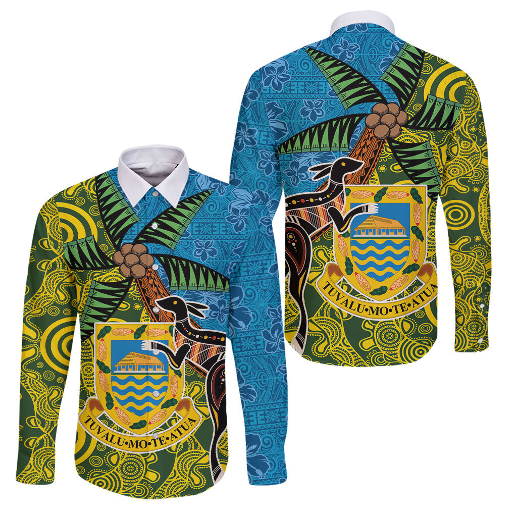 Tuvalu and Australia Together Family Matching Long Sleeve Bodycon Dress and Hawaiian Shirt Tapa Pattern and Aboriginal mix Culture