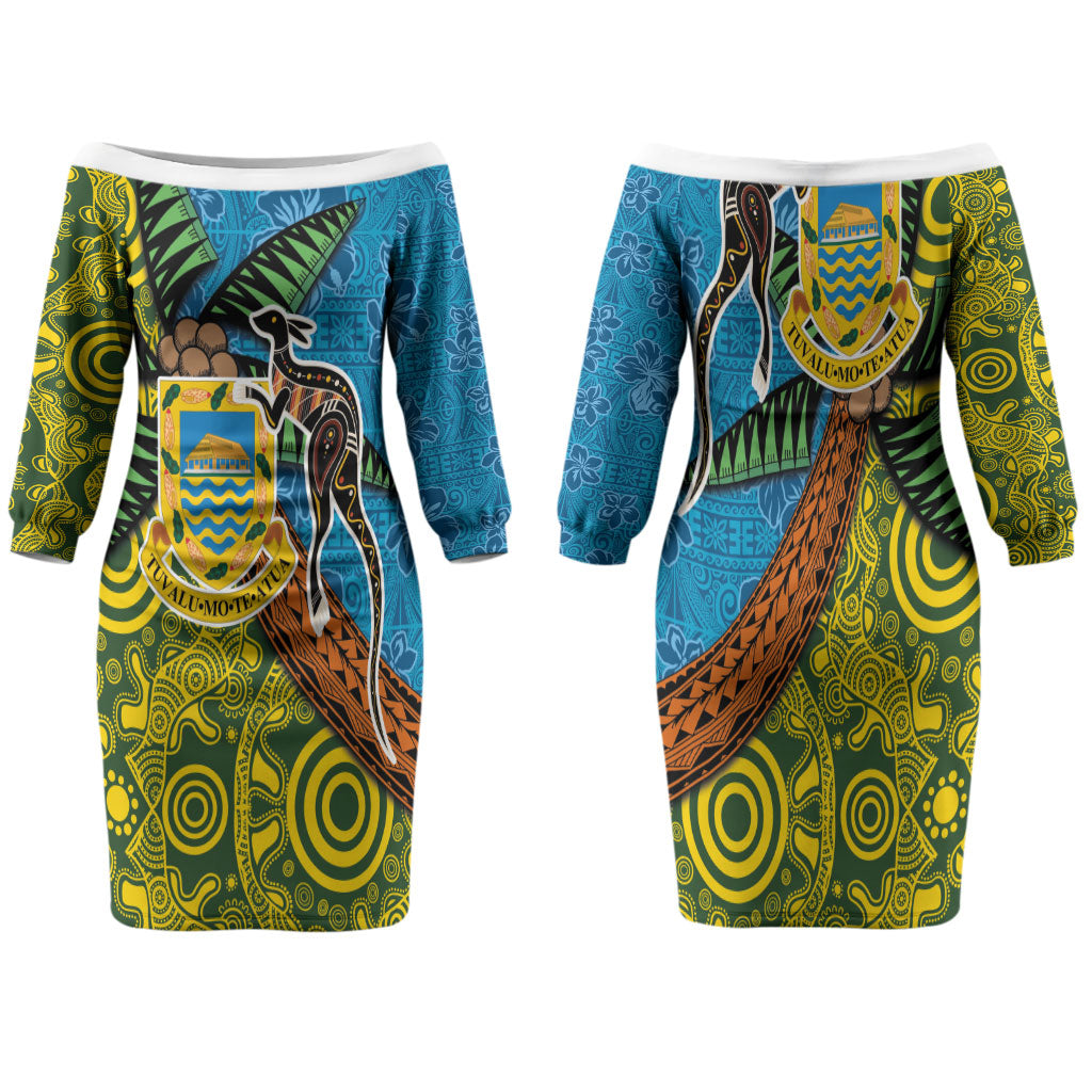 Tuvalu and Australia Together Family Matching Off The Shoulder Long Sleeve Dress and Hawaiian Shirt Tapa Pattern and Aboriginal mix Culture LT03 Mom's Dress Multicolor - Polynesian Pride