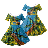 Tuvalu and Australia Together Family Matching Off The Shoulder Long Sleeve Dress and Hawaiian Shirt Tapa Pattern and Aboriginal mix Culture LT03 Daughter's Dress Multicolor - Polynesian Pride