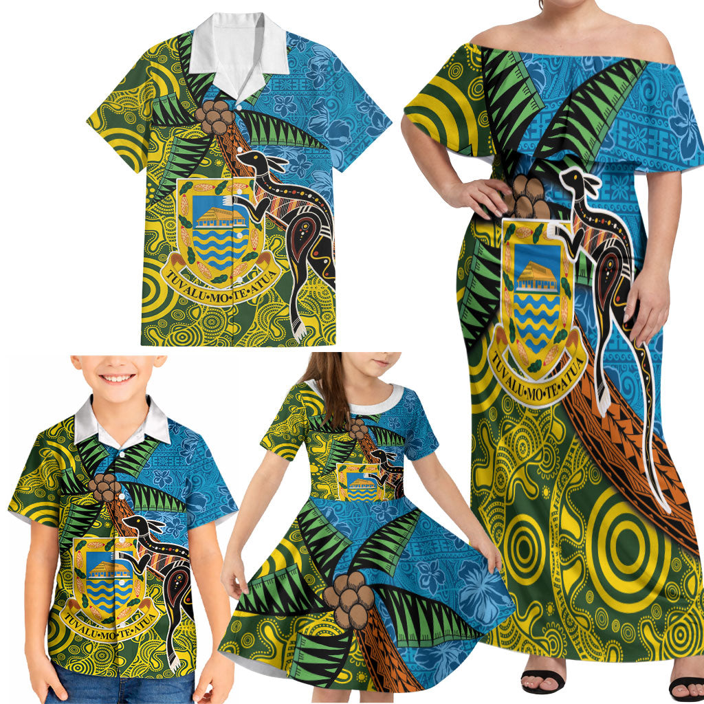 Tuvalu and Australia Together Family Matching Off Shoulder Maxi Dress and Hawaiian Shirt Tapa Pattern and Aboriginal mix Culture LT03 - Polynesian Pride