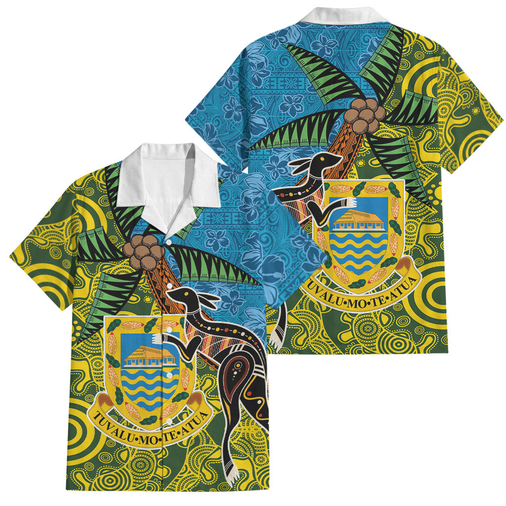 Tuvalu and Australia Together Family Matching Off Shoulder Maxi Dress and Hawaiian Shirt Tapa Pattern and Aboriginal mix Culture LT03 Dad's Shirt - Short Sleeve Multicolor - Polynesian Pride