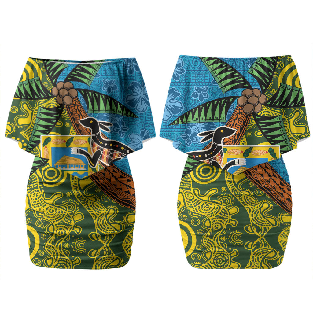 Tuvalu and Australia Together Family Matching Off Shoulder Short Dress and Hawaiian Shirt Tapa Pattern and Aboriginal mix Culture LT03 Mom's Dress Multicolor - Polynesian Pride