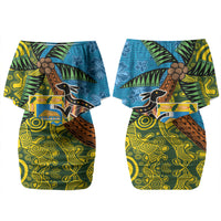 Tuvalu and Australia Together Family Matching Off Shoulder Short Dress and Hawaiian Shirt Tapa Pattern and Aboriginal mix Culture LT03 Mom's Dress Multicolor - Polynesian Pride