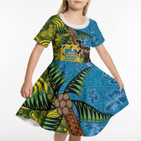 Tuvalu and Australia Together Kid Short Sleeve Dress Tapa Pattern and Aboriginal mix Culture