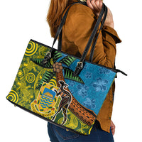 Tuvalu and Australia Together Leather Tote Bag Tapa Pattern and Aboriginal mix Culture