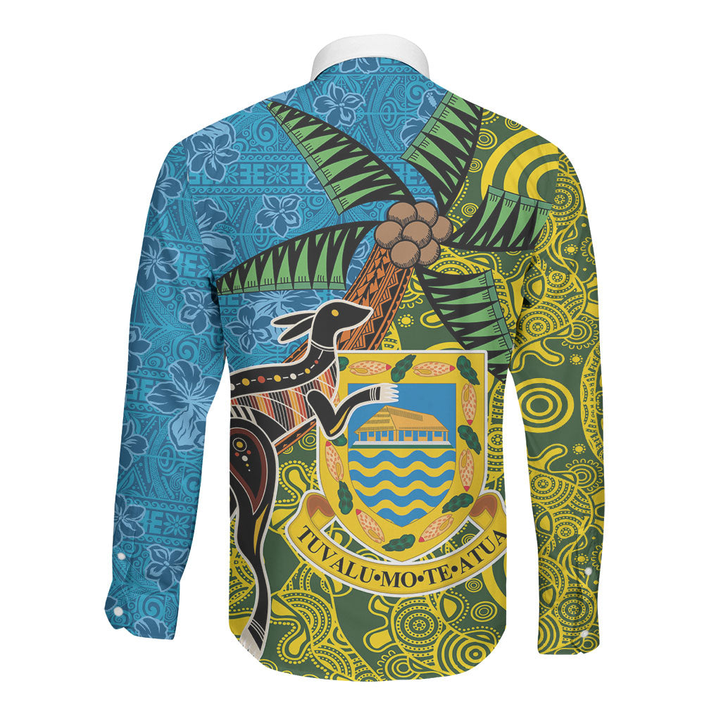 Tuvalu and Australia Together Long Sleeve Button Shirt Tapa Pattern and Aboriginal mix Culture