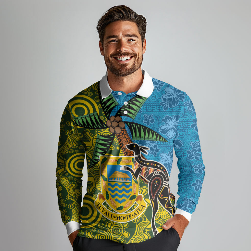 Tuvalu and Australia Together Long Sleeve Polo Shirt Tapa Pattern and Aboriginal mix Culture