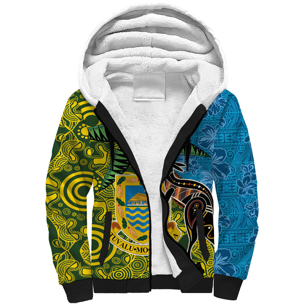 Tuvalu and Australia Together Sherpa Hoodie Tapa Pattern and Aboriginal mix Culture