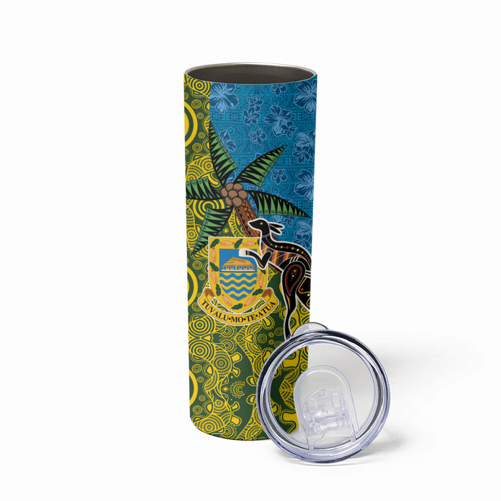 Tuvalu and Australia Together Skinny Tumbler Tapa Pattern and Aboriginal mix Culture