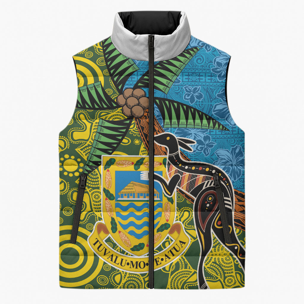 Tuvalu and Australia Together Sleeveless Puffer Jacket Tapa Pattern and Aboriginal mix Culture LT03 Unisex Multicolor - Polynesian Pride