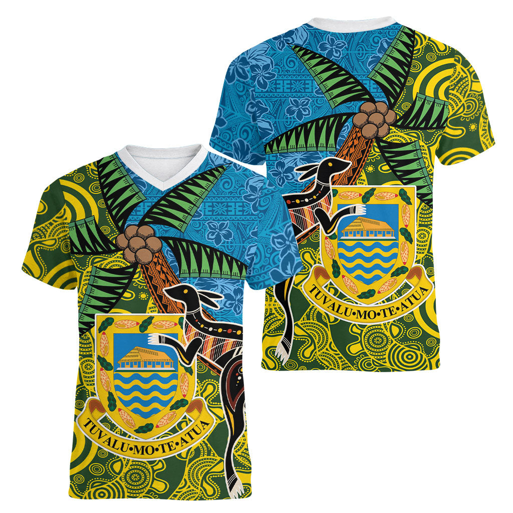 Tuvalu and Australia Together Women V-Neck T-Shirt Tapa Pattern and Aboriginal mix Culture LT03 - Polynesian Pride