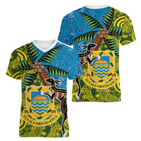 Tuvalu and Australia Together Women V-Neck T-Shirt Tapa Pattern and Aboriginal mix Culture LT03 - Polynesian Pride