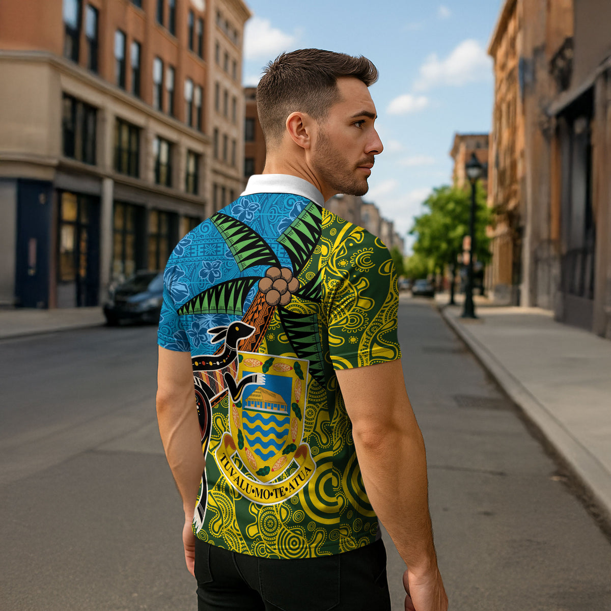 Tuvalu and Australia Together Zipper Polo Shirt Tapa Pattern and Aboriginal mix Culture