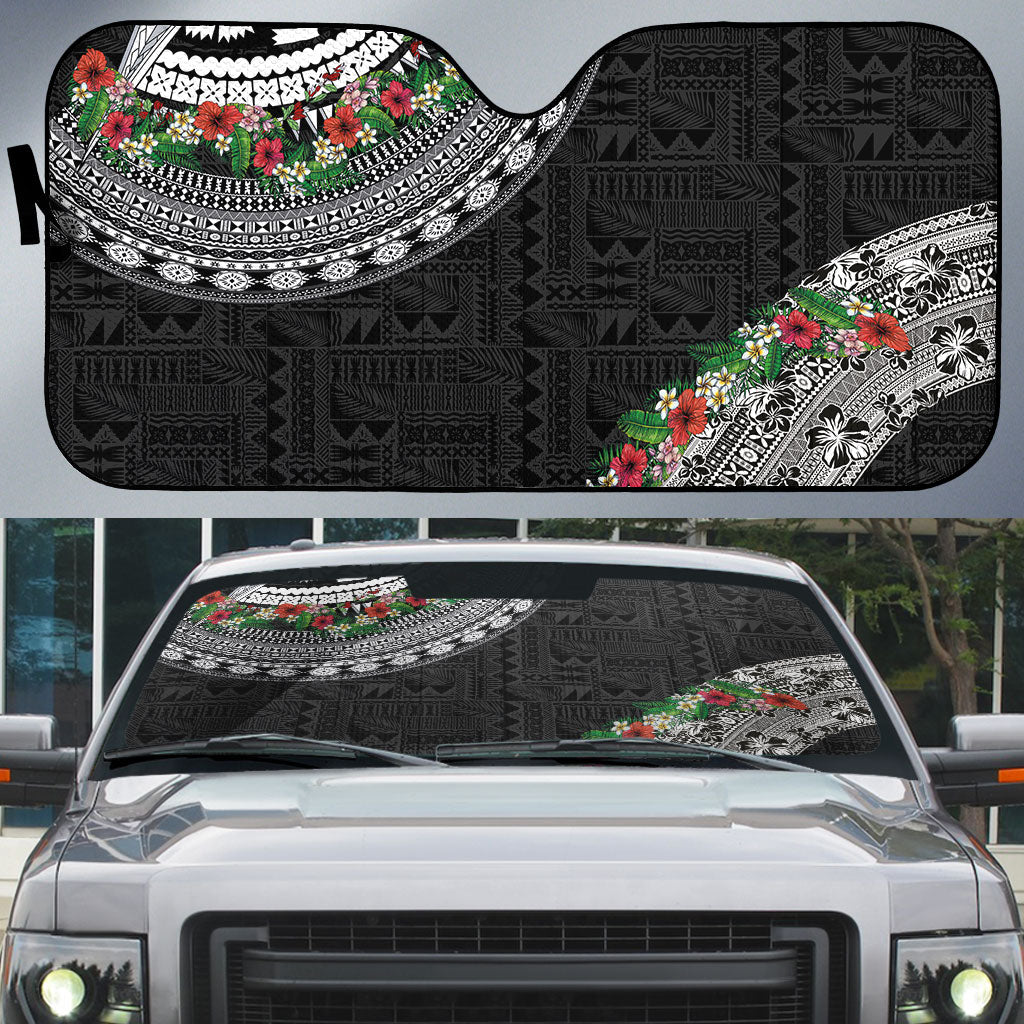 Fiji Hibiscus Auto Sun Shade Tapa Masi Motifs with Tropical Plants LT03 Black - Polynesian Pride